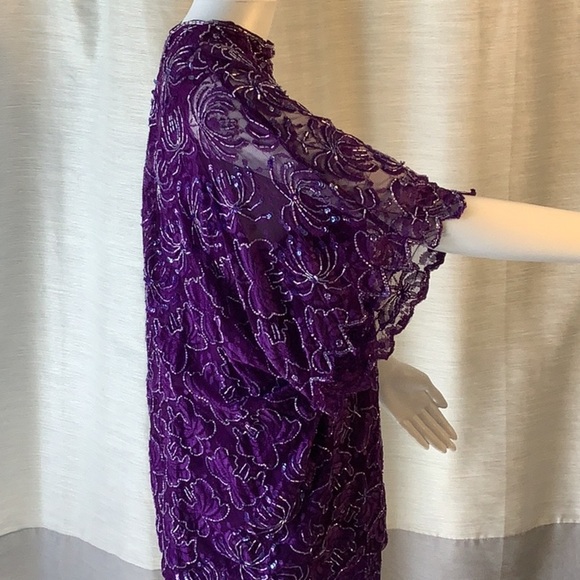 Brilliante By J.A. Purple Sequin Beaded Short Sleeve High Neck Tunic Top Sz L - Picture 5 of 12